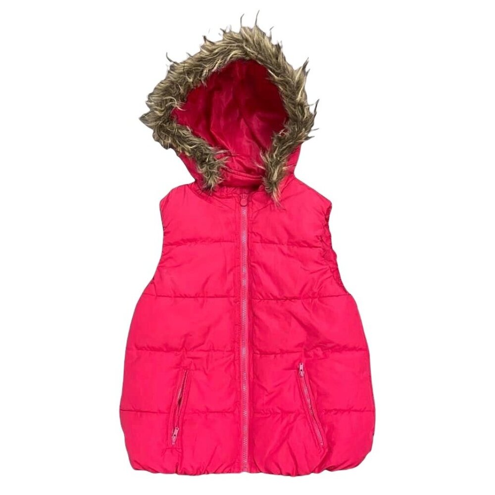 Justice Youth Girls 14 Pink Puffer Vest Faux Fur Lined Full Zip Removable Hoodie